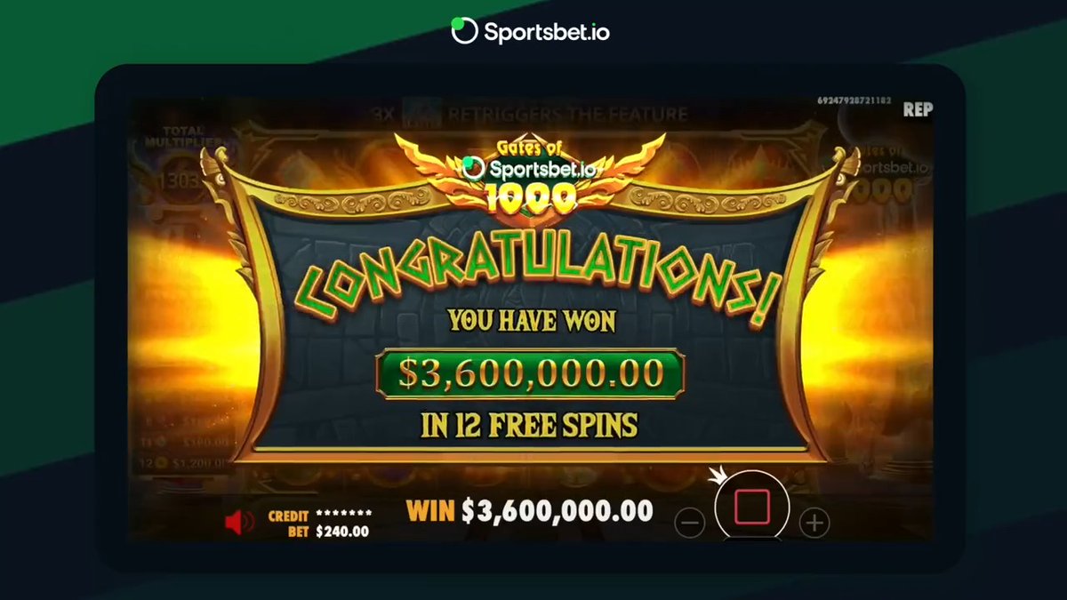 🚀 𝗕𝗜𝗚 𝗪𝗜𝗡 𝗔𝗟𝗘𝗥𝗧 - 𝟯,𝟲𝟬𝟬,𝟬𝟬𝟬 𝗨𝗦𝗗𝗧 🚀 A lucky #Sportsbetio player hit the jackpot on #GatesofSportsbet.io by Pragmatic Play with just 12 free spins, turning a 240 USDT base bet into 3.6 MILLION USDT! 💣💥 What would YOU do with a win like this?