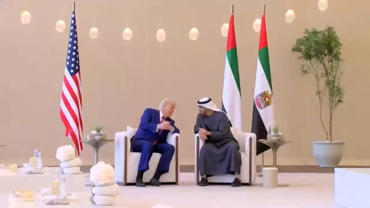 .President Donald J. Trump chats with United Arab Emirates President Mohammed bin Zayed Al Nahyan following his arrival in Abu Dhabi