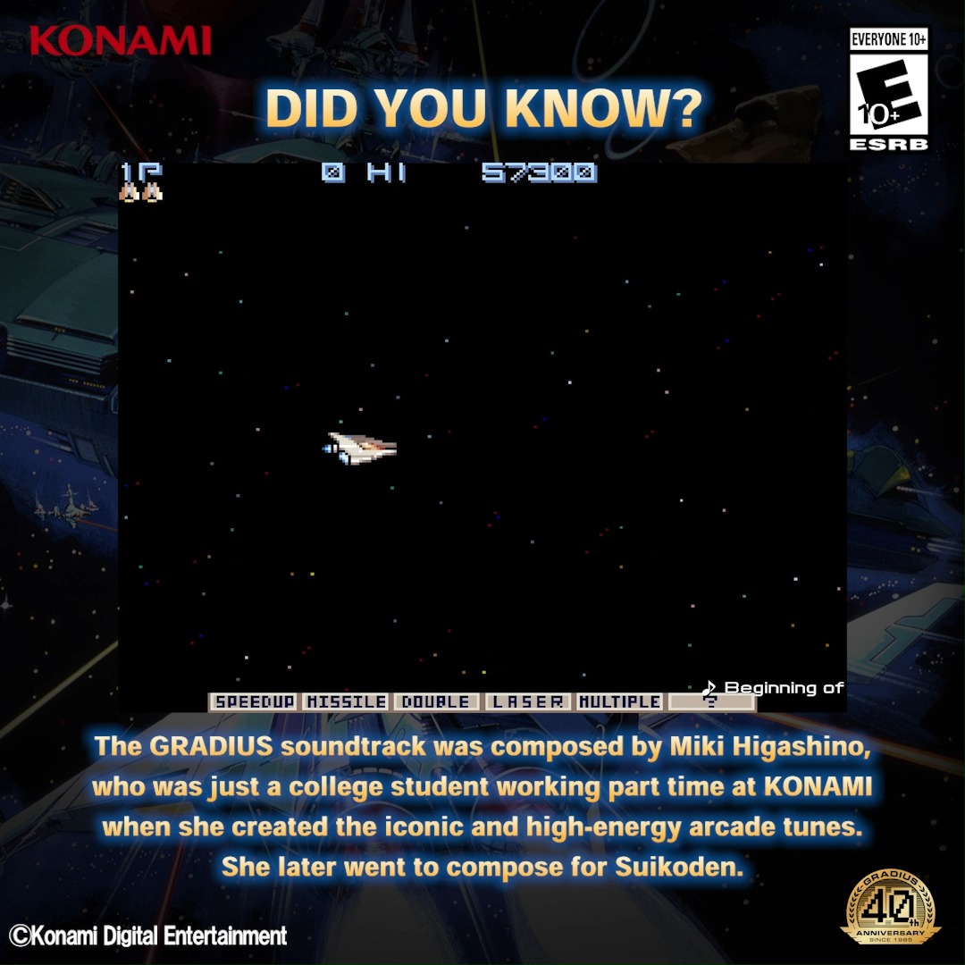 GRADIUS turns 40 this year! 🎂 🎉 Over four decades ago, the KONAMI sounds production staff, formerly known as the KONAMI KUKEIHA CLUB, created the heart-pounding soundtracks that made dominating waves of enemies in the mighty Vic Viper an absolute blast! 🎶 👾 Listen to these iconic tracks on Spotify, Apple Music, iTunes, and relive heated space battles when GRADIUS ORIGINS launches on Aug. 7 🚀 🚀 -