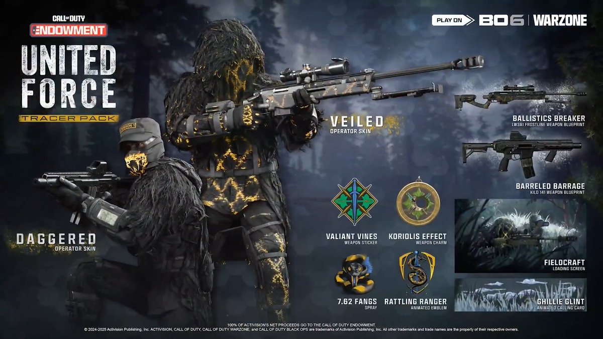 The new Call of Duty Endowment United Force Pack is now available in Black Ops 6 and Warzone, with 100% of Activision's proceeds going to help veterans find jobs.