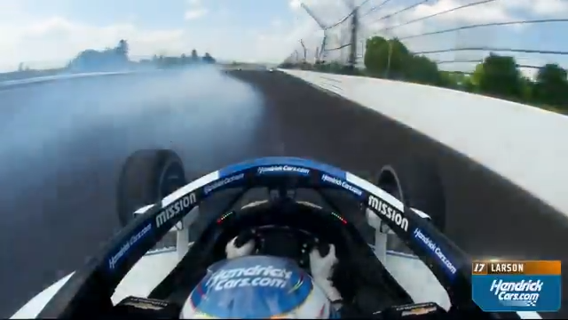 Kyle Larson's view of Christian Rasmussen's spin.