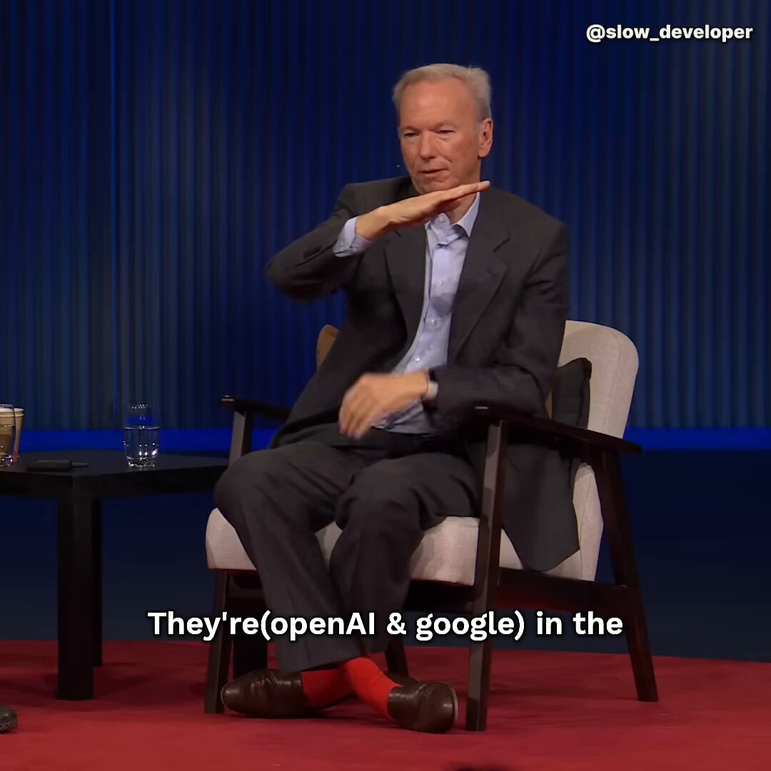 Former CEO of Google, Eric Schmidt: OpenAI and Google are creating millions of AI software programmers who never tire and only require electricity As AI gets closer to superintelligence, progress speeds up fast. the first to reach it will have a massive lead, with the power to reshape the world or eliminate competitors.