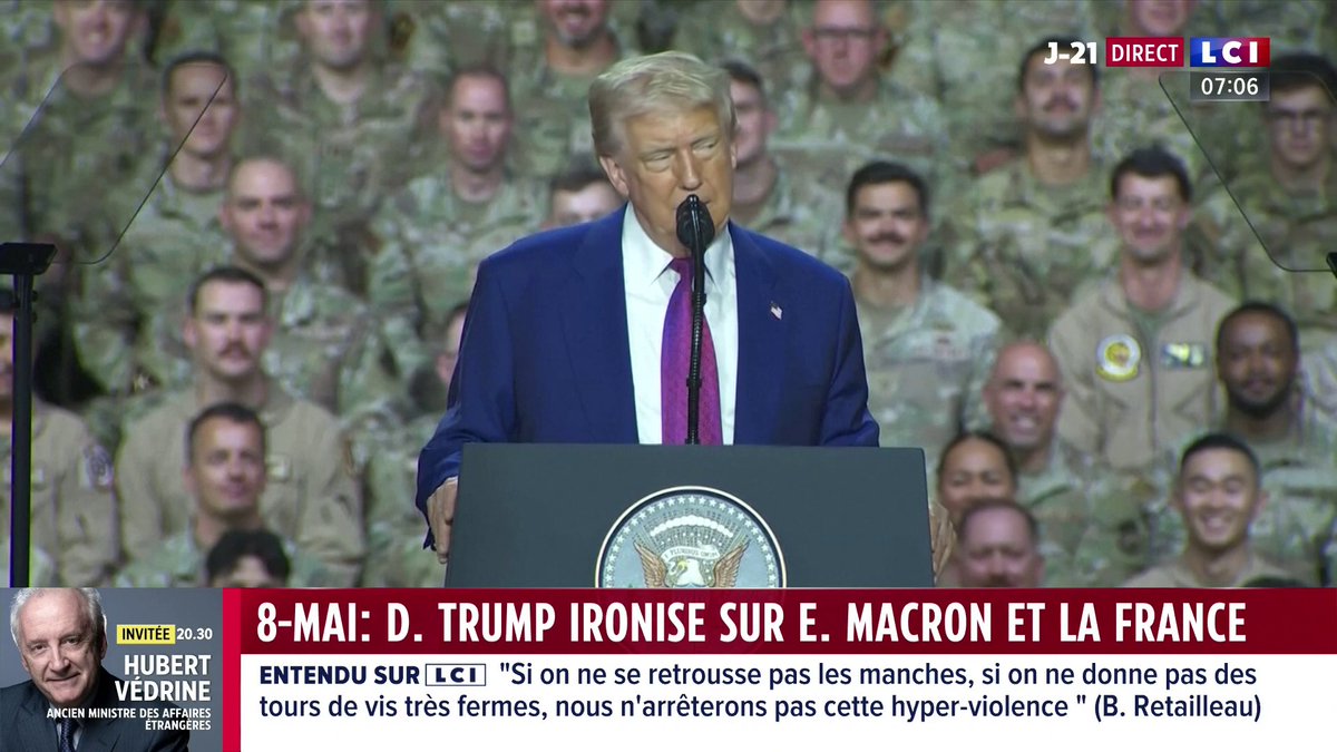 🔴 Victoire du 8 mai : Trump ironise sur Macron et la France ▶️ Une semaine après les commémorations du 8 mai 1945, le président américain minimise le rôle de la France dans sa victoire contre les Allemands.