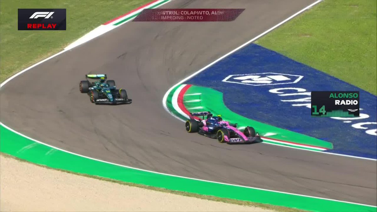 "Fernando Alonso" Porque casi se hace pija con el Alpine de Franco Colapinto en la FP2 del Gran Premio de Emilia-Romaña. Acá deliró Franquito y casi se mandó una cagada, casi le pega en el ojete el Aston Martin del español, la concha de la lora.