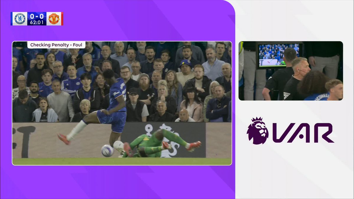 The referee awards Chelsea a penalty as Tyrique George looks like he's been brought down by Andre Onana, but after a VAR check the decision is overturned ❌