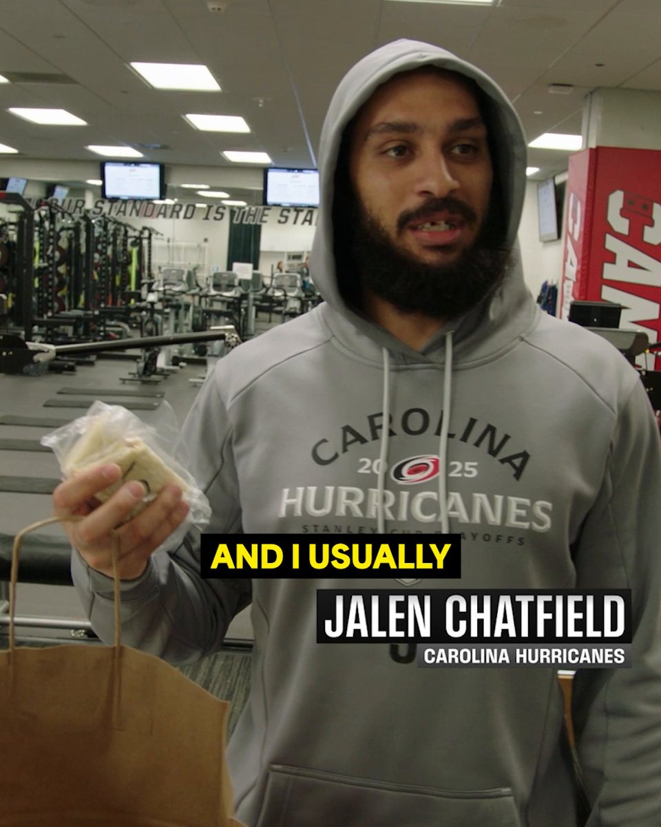 "First time we did it, he had a multi-point game, so it just kinda stuck." #StanleyCup Learn how Chef Sean keeps the Carolina Hurricanes fueled, including Jalen Chatfield's adorable postgame snack 🥪 Watch the full feature here ➡️