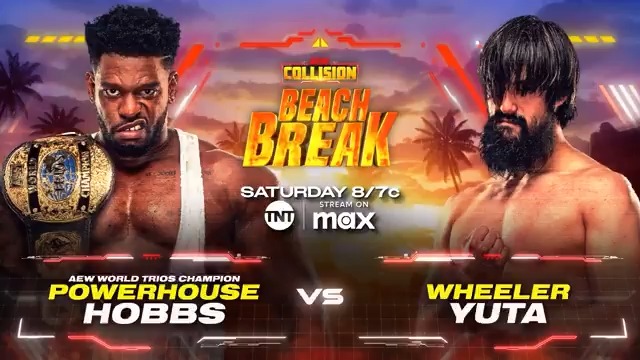 TOMORROW #AEWCollision Beach Break 8ET/7CT on @TNTDrama + @SportsOnMAX “The MONSTAR” Will Hobbs vs YUTA After their altercation on #AEWDynamite, World Trios Champion Powerhouse Hobbs of The Opps will collide 1-on-1 vs The Death Riders’ Wheeler Yuta, TOMORROW!