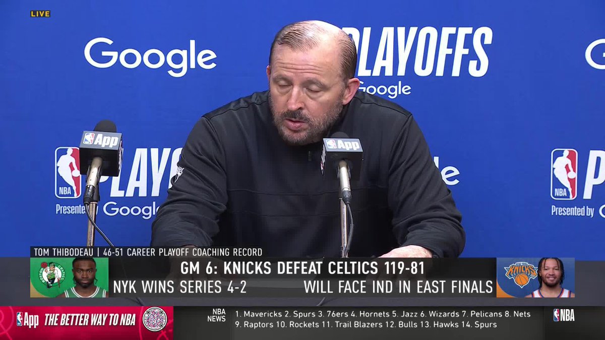 "First-class organization. Hats off to them for the season they had" 🙌 Coach Thibs with nothing but respect for Boston after Game 6 🗣️
