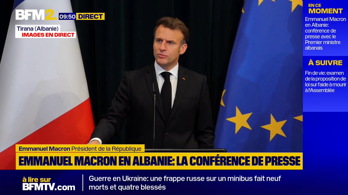 Ukraine : Emmanuel Macron se dit "sûr" que Donald Trump va "réagir" face au "cynisme" de Vladimir Poutine En déplacement en Albanie pour un sommet européen, le président français tient une conférence de presse aux côtés du Premier ministre albanais #BFM2