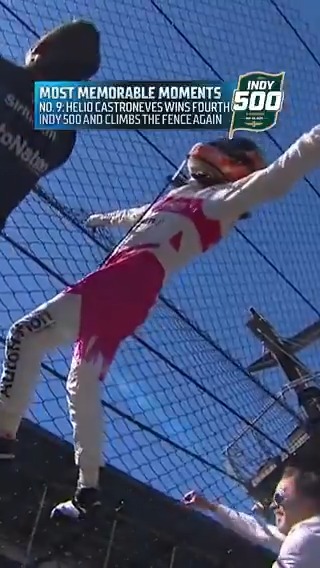 Hélio Castroneves gets by Alex Palou late to win his fourth #Indy500 and (of course) climb the fence. Most Memorable Moments from @BobPockrass: