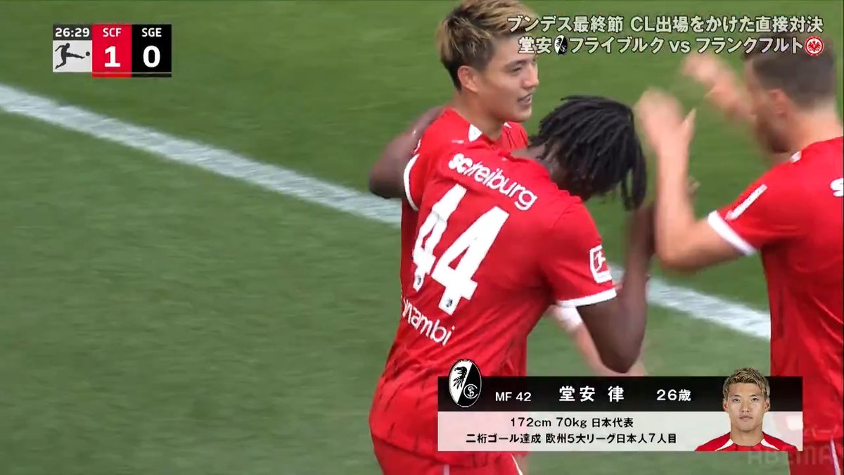 🇯🇵 #堂安律 が先制弾！⚽ #フライブルク の堂安が今季10ゴール目！ クラブ史上初の #UCL 出場権獲得が懸かるブンデスリーガ最終節、フランクフルト戦で堂安が先制点をマーク。 [PR] #ABEMA で無料生中継▶