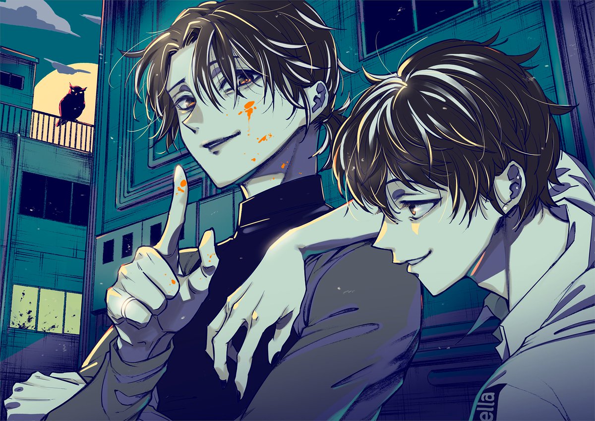 ⋱⋱ #ハンドレボイスドラマ ⋰⋰ ある日の #ナイトアウル🦉 『秘密』 兄弟だけの秘密🤫左手は何やら嬉しそうな様子ですが…🌃 イラスト:内海八重( 内海八重 ) #田丸篤志 #大塚剛央