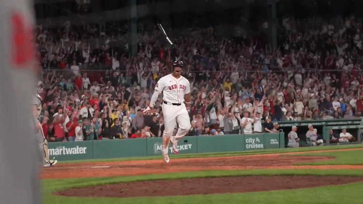 Rafael Devers sent that bat to the MOON after his first career #walkoff home run! 🚀
