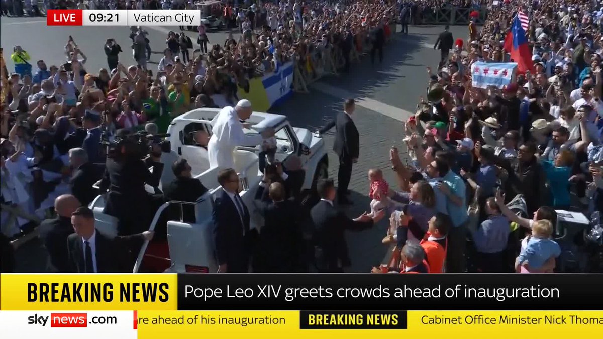 Pope Leo XIV blesses two babies from the crowds lining Vatican City as he rides on his popemobile ahead of his inauguration. 🔗 📺 Sky 501, Virgin 602, Freeview 233 and YouTube