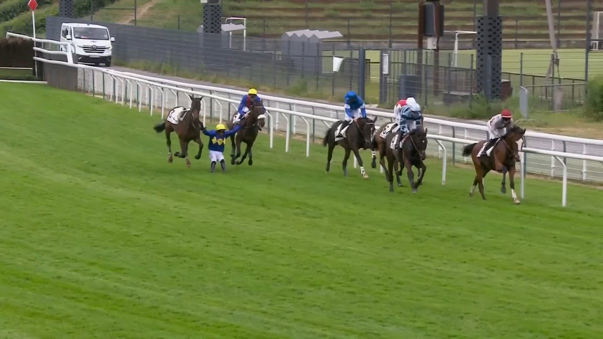 This is incredible 😮 Jockey Kevin Nabet took unprecedented action to avoid a heavy fall by clinging onto two horses at once at a race in France 🏇