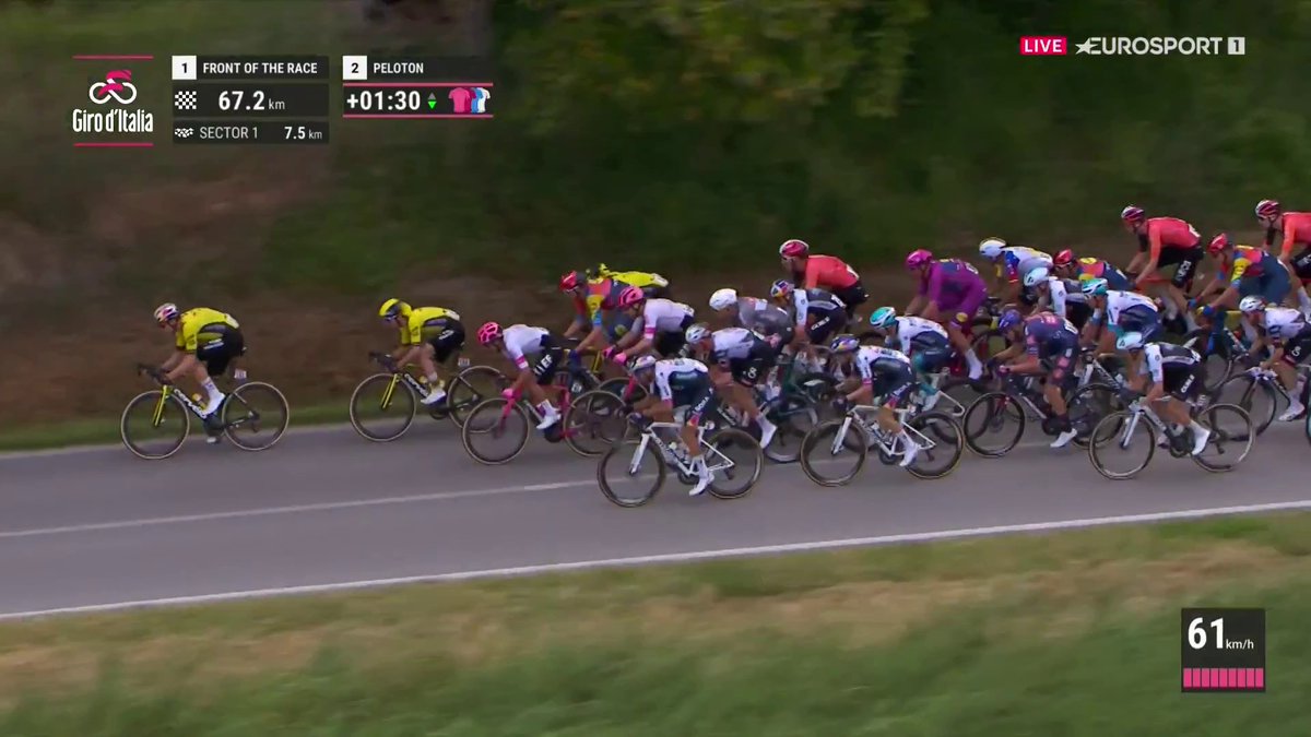 🌪️🌪️🌪️ Ayuso, muy bien colocado junto a Roglic en el primero de los cinco tramos de sterrato. #GirodItalia