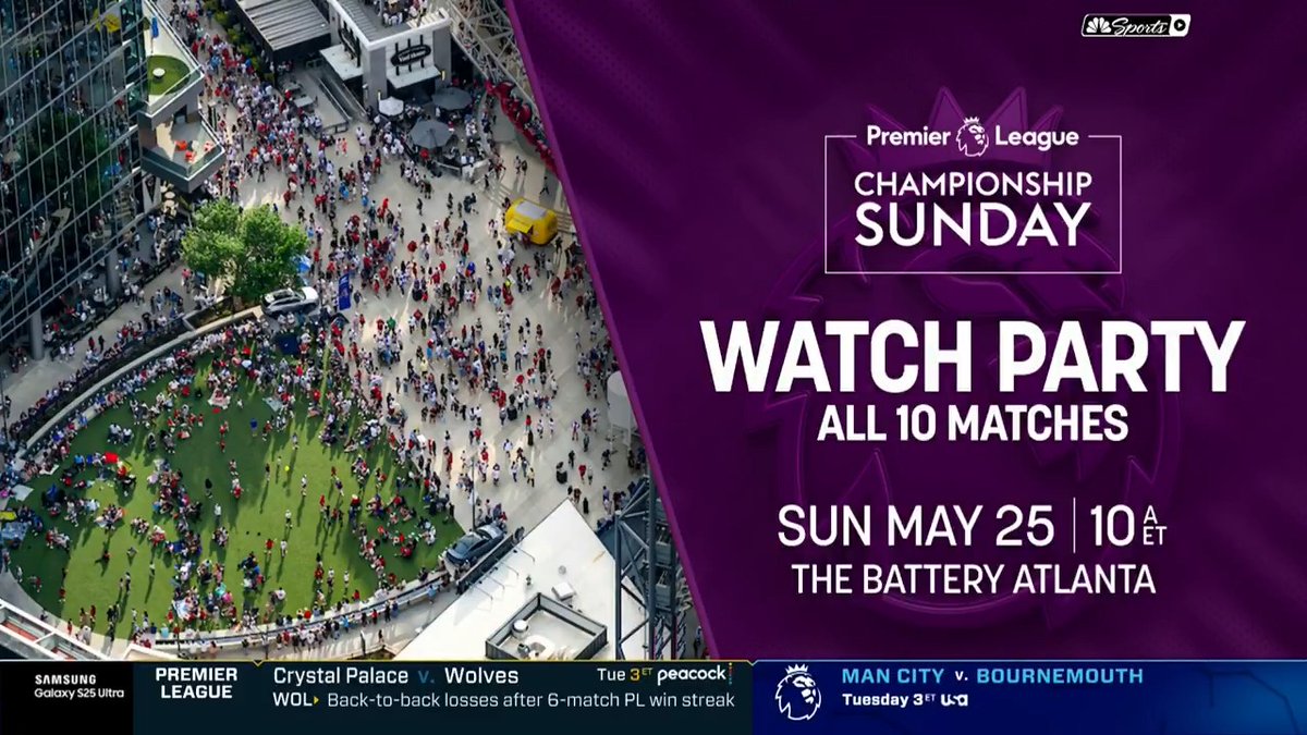 The Premier League and NBC Sports are heading to Atlanta next weekend! Celebrate Championship Sunday on May 25th and join us at @batteryatl for a watch party featuring all 10 matches.