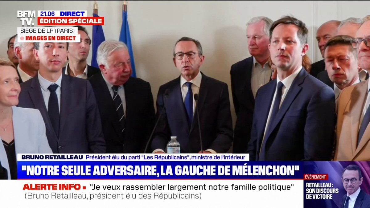 "Nos seuls adversaires, c'est la gauche de Mélenchon", déclare Bruno Retailleau après sa victoire à la présidence des Républicains