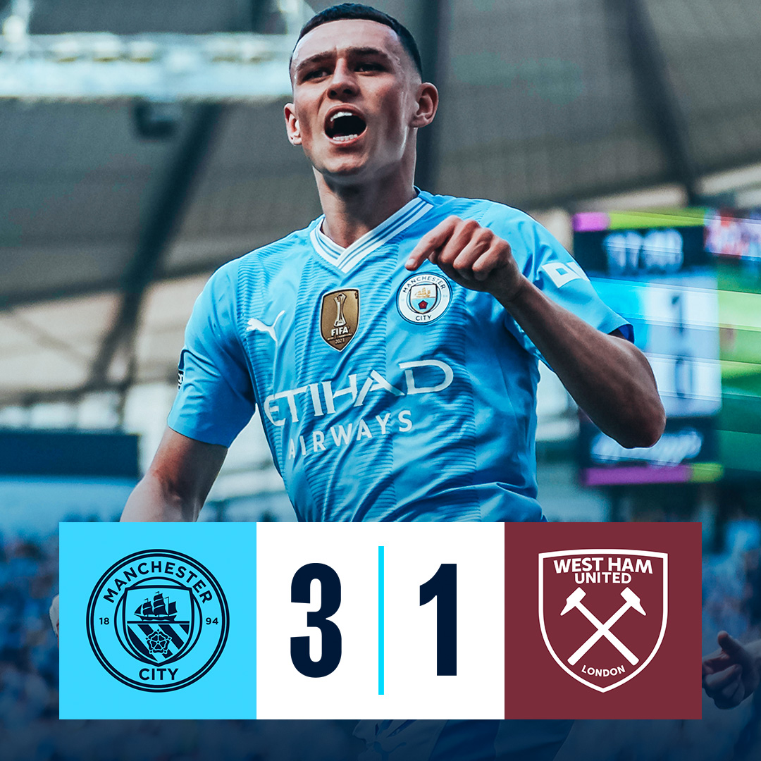 #OnThisDay: #ManCity 3-1 West Ham [2024] ⚽️ [2’, 18'] Phil Foden ⚽️ [59'] Rodri - ⚽️ [42'] Mohammed Kudus FOUR-IN-A-ROW. 🏆