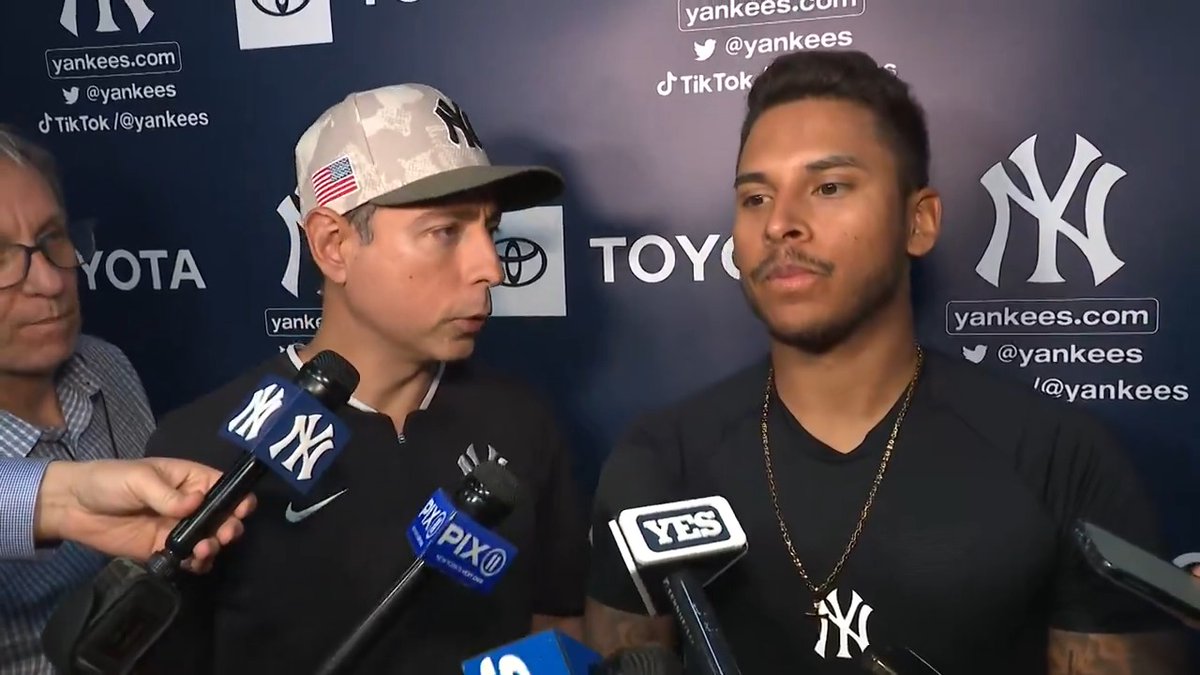 Jorbit Vivas speaks to the media postgame Sunday about his 11-pitch AB in the 8th inning &amp; driving home the go-ahead run. #YANKSonYES
