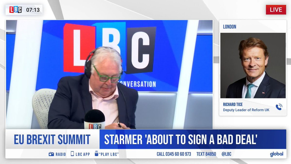 'This is a triple surrender - the Prime Minister will pay for this in the polls.' Some 'hard-won Brexit freedoms' are being lost today, Richard Tice MP 🇬🇧 tells Nick Ferrari, adding that freedom of movement is being brought 'through the back door' with the youth mobility scheme.