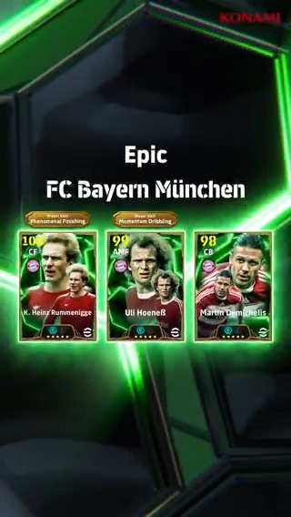 【Epic: FC Bayern München】 ブースタースロットを所持した伝説の選手が3名登場! ウリ ヘーネス(ブレークスルー+2) カール ハインツ ルンメニゲ(アジリティ+2) マルティン デミチェリス(デュエル+2) チームに数々のタイトルをもたらしたレジェンドたちをゲットしよう! #イーフト