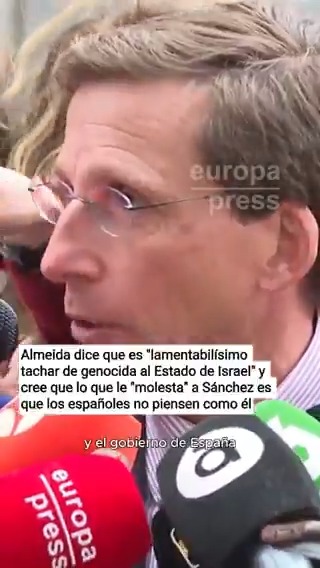 Almeida dice que es "lamentabilísimo tachar de genocida al Estado de Israel" y cree que lo que le "molesta" a Sánchez es que los españoles no piensen como él
