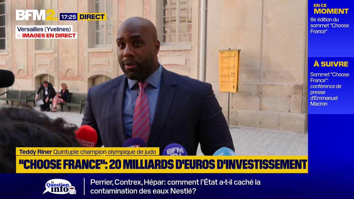 💬 "Si un jour je me lance, ça serait pour être président" Le quintuple champion olympique de judo, Teddy Riner, revient sur son rapport à la politique, en marge de sa présence au sommet "Choose France"