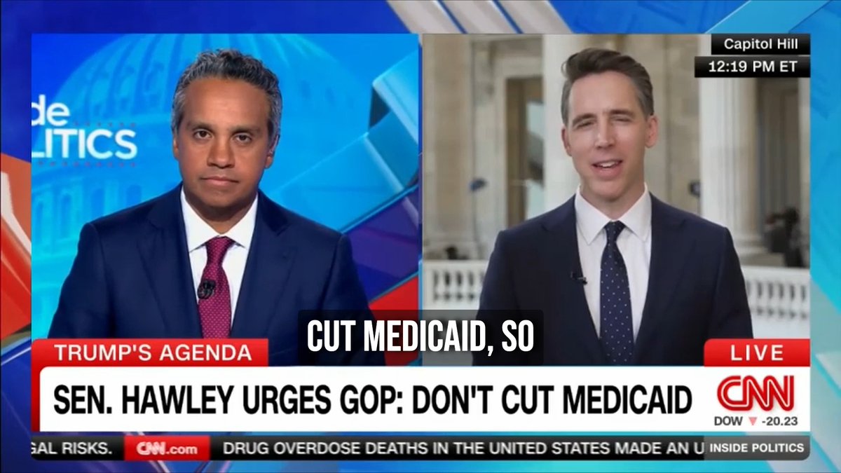 "The right thing to do is not to cut medicaid" - Sen. Hawley. Well, even a broken clock is right twice a day.