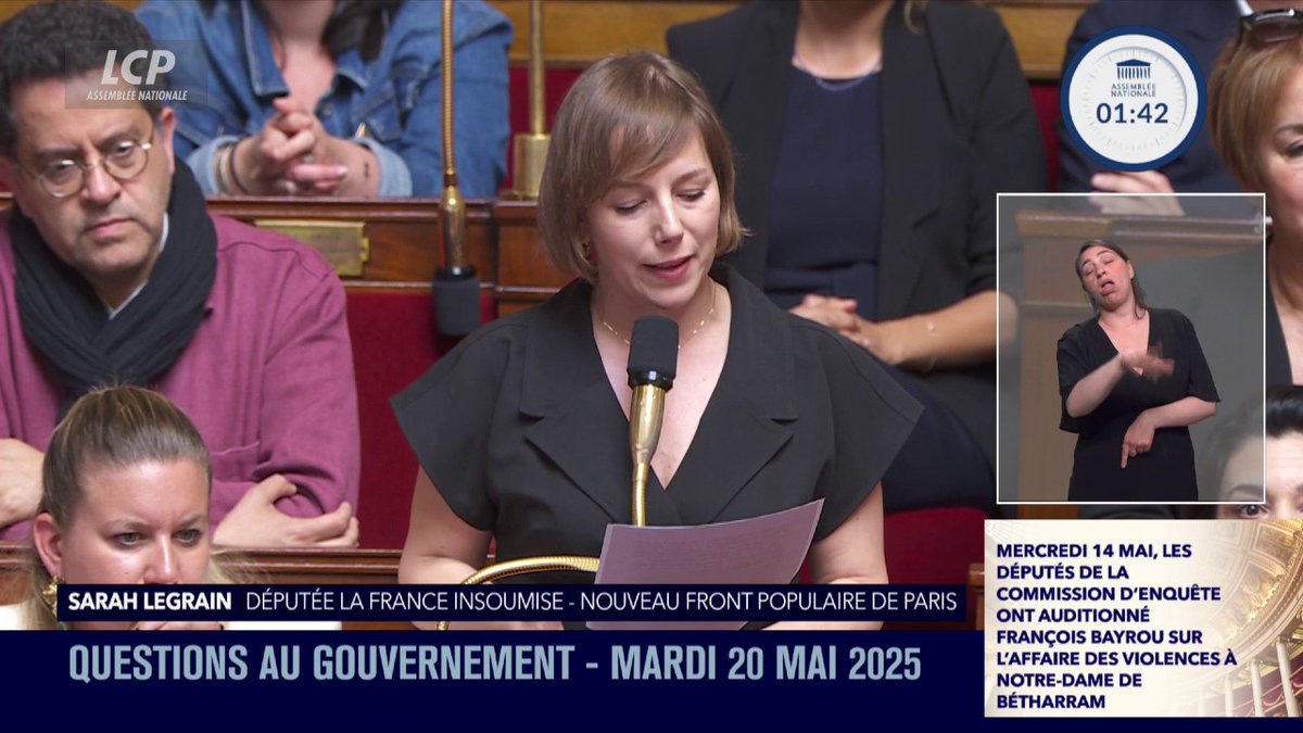 Bétharram : "Par vos mensonges, vous déshonorez aujourd'hui la fonction de Premier ministre face aux représentants du peuple français", déclare Sarah Legrain. "Monsieur @Bayrou, quand allez-vous démissionner ?" #DirectAN #QAG