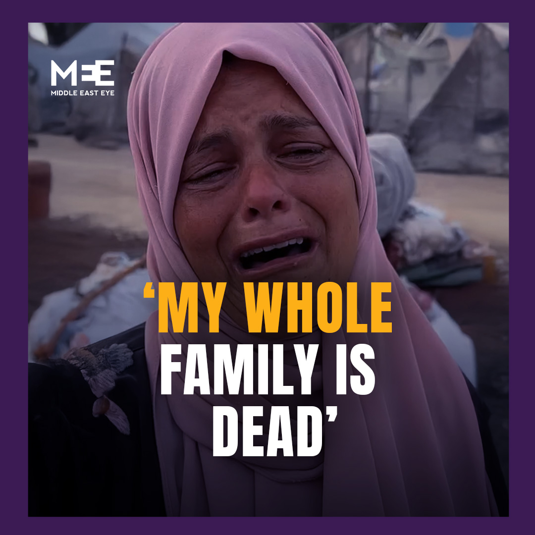 Palestinian woman Warda Al-Shaer says she lost her entire family after an Israeli air strike targeted al-Mawasi area of Khan Younis in southern Gaza on Sunday, an area Israel previously designated as a “humanitarian safe zone”.