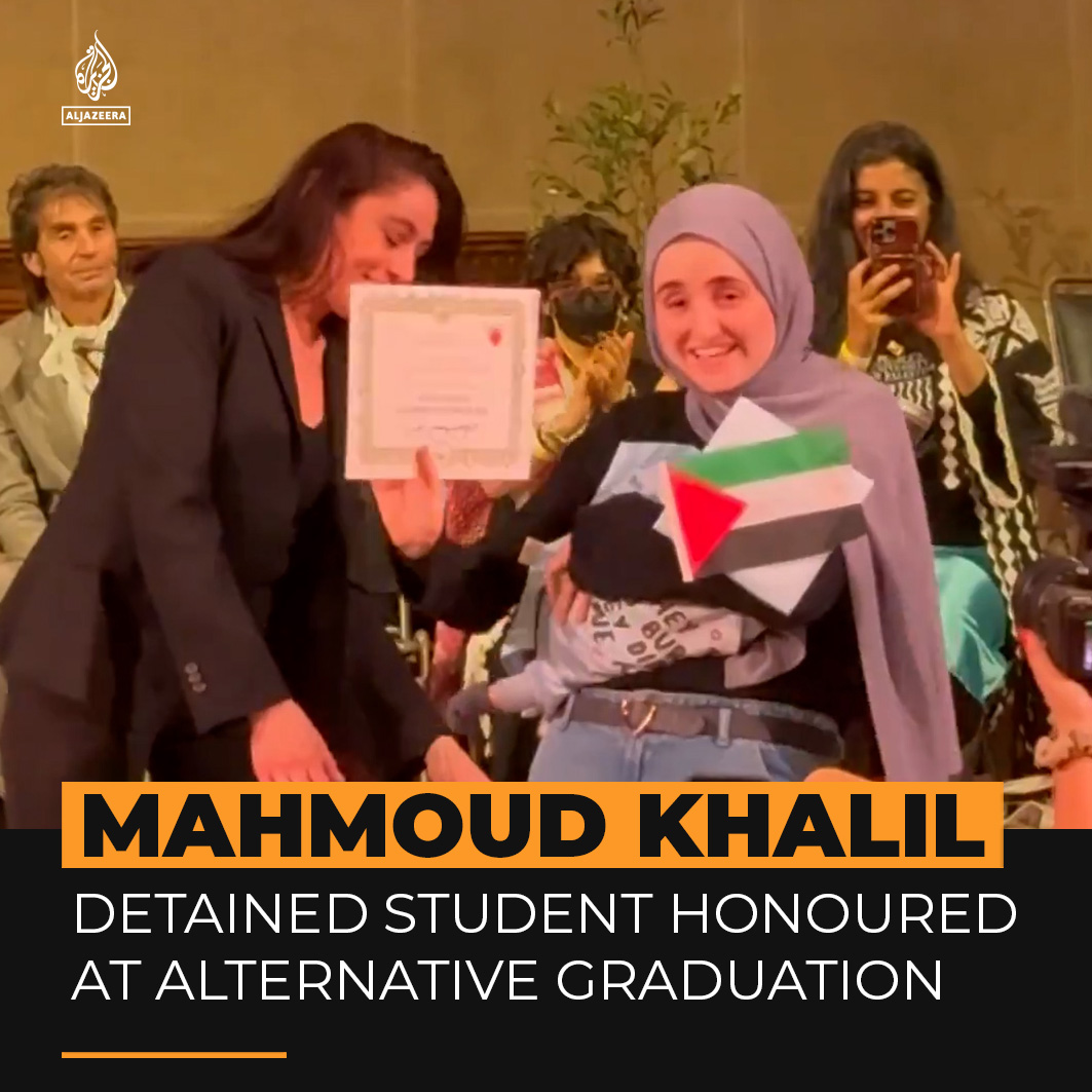 Palestinian activist Mahmoud Khalil was honoured at an alternative graduation ceremony in New York, where his wife and baby accepted a diploma on his behalf while he remains detained at an immigration facility in Louisiana.