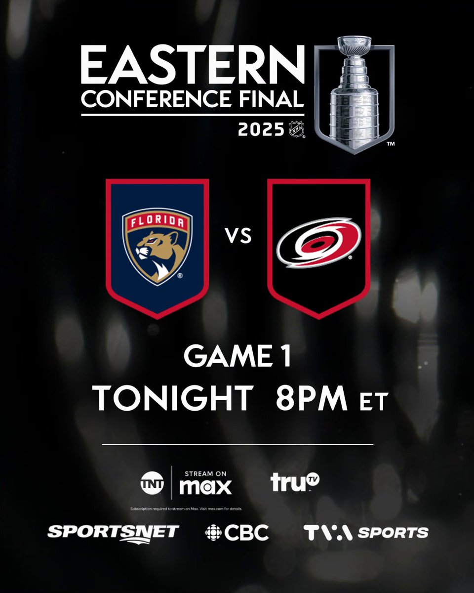 The Eastern Conference Final is nearly here! ⏰ #StanleyCup 📺: x - Florida Panthers vs. Carolina Hurricanes Game 1 TONIGHT at 8p ET on NHLonTNT, Sports on Max, Sportsnet, and TVA Sports