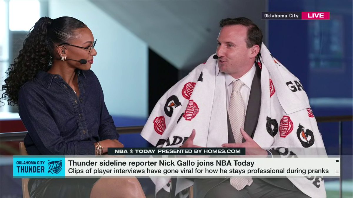 OKC legend Nick Gallo joined NBA Today and got the towel counter treatment just like the Thunder players hit him with 😂⚡ Malika Andrews | Nick Gallo