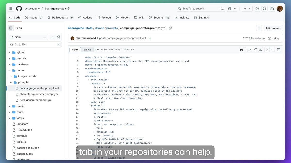 🚀 Just launched: The GitHub Models repo integration is in public preview. ✨ Now you can: ➡️ Version, review, and collaborate on .prompt.yml files just like code. ➡️ Compare outputs side-by-side from 40+ leading LLMs. ➡️ Easily set up with a single API key for FREE. ➡️ Benefit from enterprise-ready governance and security on GitHub and Azure. Ready to start building efficiently with AI models? Get started. 👇