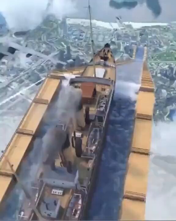 second thing I tried with Veo 3 "The RMS Titanic sails fast down a steep water ramp as a B-29 Bomber encircles, the ship launches off of the end of the ramp over a small shore town, nearly hitting the plane, and smashing to pieces on an iceberg to Freebird." wow again. #Veo3