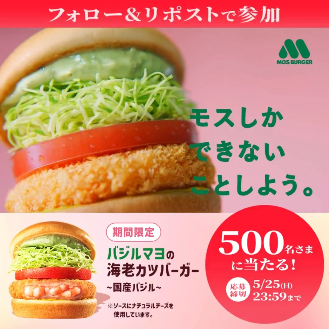 📢発売記念キャンペーン開催!! / #モスのバジルマヨ海老カツバーガー を 抽選で500名さまにプレゼント🎁🦐 \ 📌応募方法 ①モスバーガーをフォロー ②本投稿をリポスト 📝応募規約