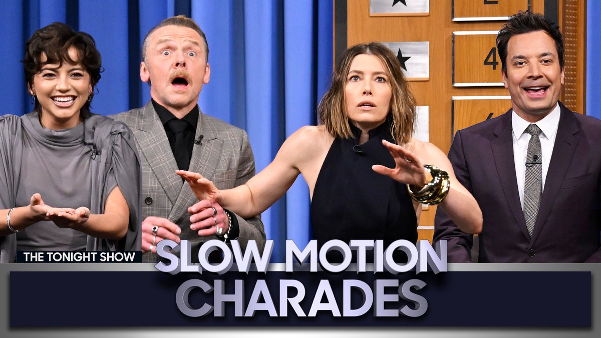 .Jessica Biel &amp; Jimmy face off against Simon Pegg &amp; isabela merced in Slow Motion Charades! #FallonTonight