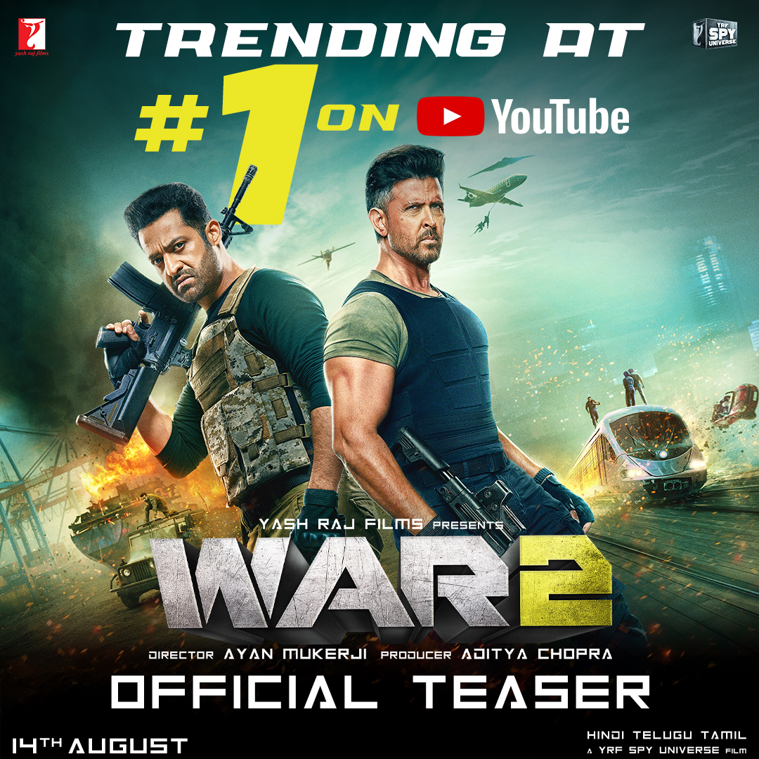 Setting screens on fire, #War2Teaser trending at #1 on YouTube! Watch it now #War2 only in theatres from 14th August. Releasing in Hindi, Telugu and Tamil. #YRFSpyUniverse Hindi: Telugu: Tamil: