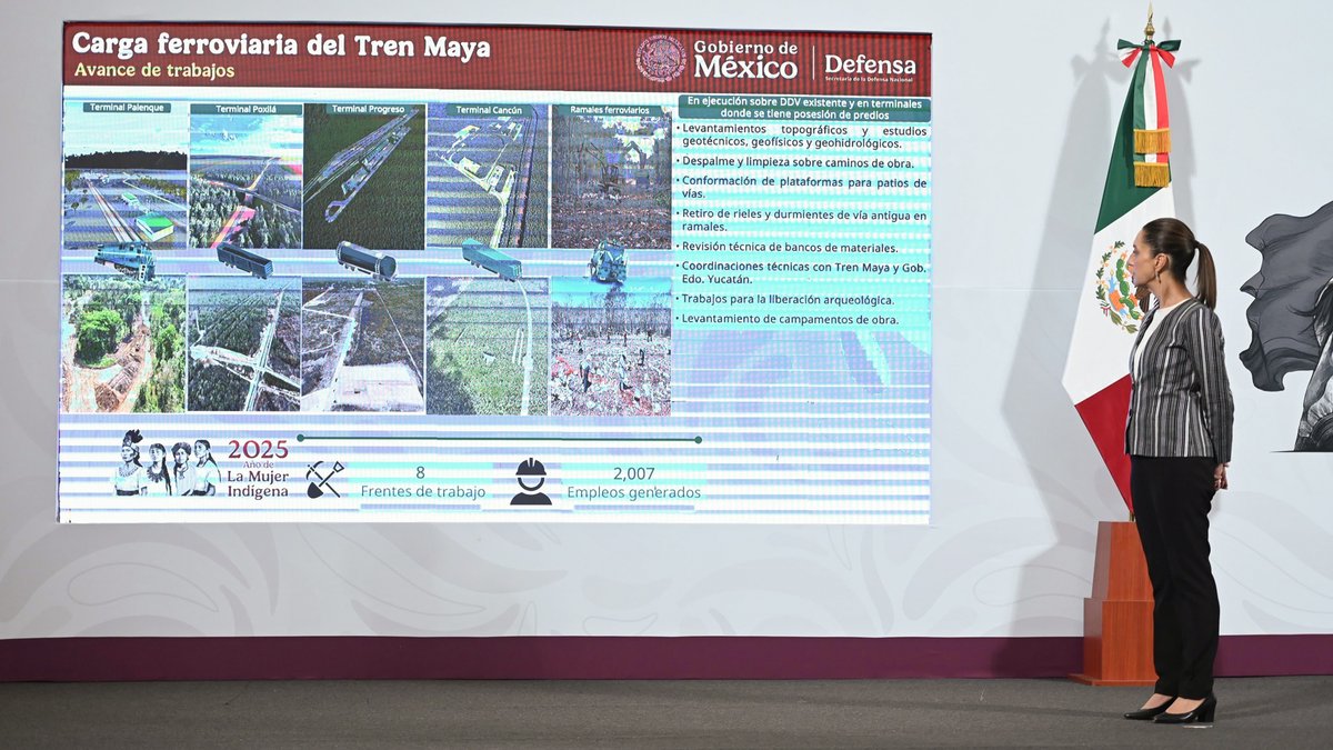 Presentamos avances en la construcción de trenes de pasajeros AIFA-Pachuca; Ciudad de México-Querétaro; Querétaro-Irapuato; y Saltillo-Nuevo Laredo, así como la modalidad de carga del Tren Maya. Nos ayudan mucho los ingenieros militares, son de lo mejor en nuestro país.