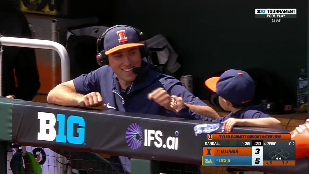 "Leo? He's a baller." Illinois Baseball's Tyler Schmitt had the cutest interview crasher during his chat in the dugout. #B1GBaseball