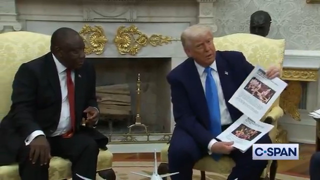 President Trump and South African President Cyril Ramaphosa exchange on genocide. Q: "What will it take for you to be convinced that there's no white genocide in South Africa?" Ramaphosa: "I can answer that for the president." Trump: "I'd rather have him answer."