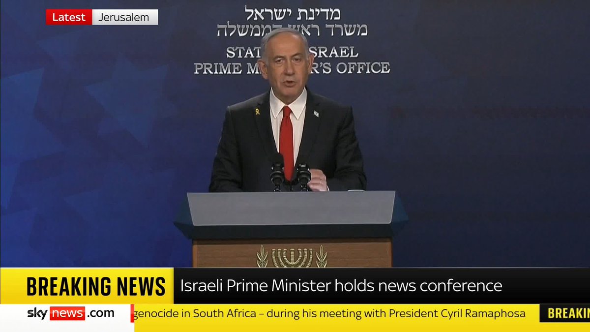 Israeli Prime Minister Benjamin Netanyahu is holding a news conference. He says Israel has probably killed Hamas leader Mohammed Sinwar. 📺 Sky 501 and YouTube