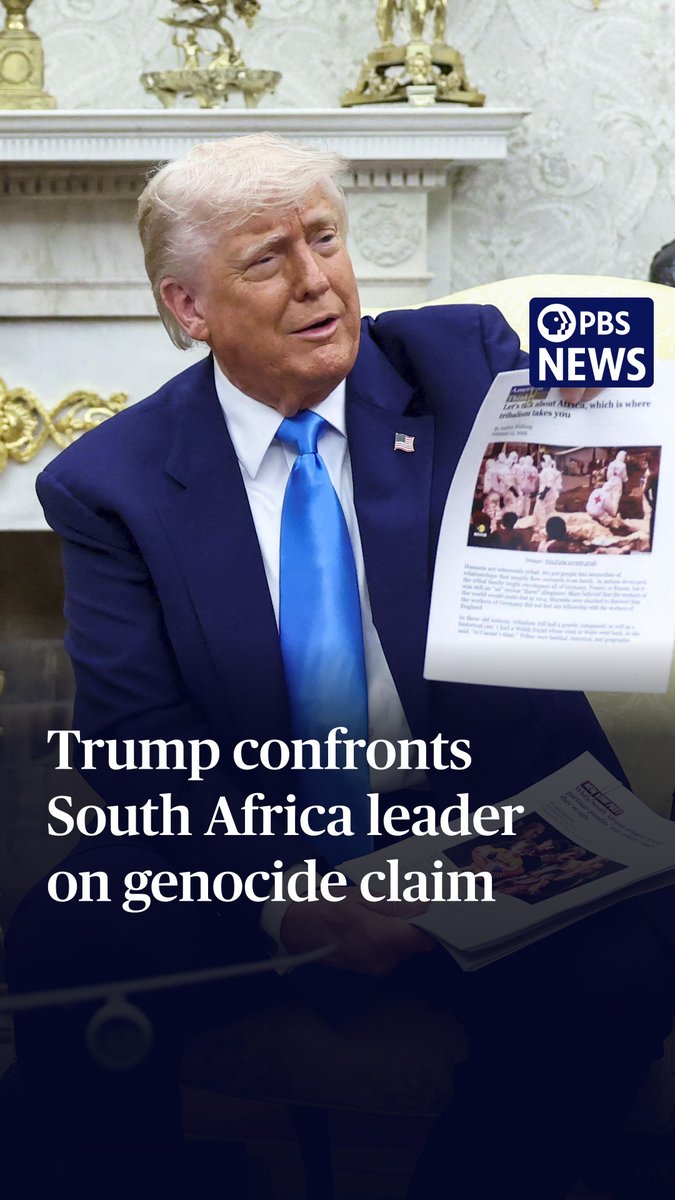 President Donald Trump confronted South African President Cyril Ramaphosa, accusing him of not protecting white farmers from violence, while playing misleading videos that back up controversial and unfounded claims of white genocide in the country. After a reporter asked Trump what it would take for him to be convinced that there is no white genocide in South Africa, Ramaphosa said it would take Trump “listening to the voices of South Africans” and reiterated that the claim isn’t true. He said white members of his administration would not have accompanied him to the Oval Office on Wednesday if there were genocide. Trump then asked his staff to “turn the lights down” and play a video showing South African activists and protestors chanting about killing farmers, as well as an aerial clip of what he said were large burial sites. Ramaphosa responded that the clips were of small minority parties, not official government policy, and said South Africa is a “multi-party democracy… that allows people to express themselves.” “There is criminality in our country,” he said. “People who do get killed, unfortunately, through criminal activity are not only white people. [The] majority of them are Black people.” In recent days, the Trump administration has made a display of accepting Afrikaners, primarily white South African farmers, who feel they are being persecuted because of their race. White South Africans own three-quarters of privately held land in the country, and control about 60 percent of top corporate management jobs, despite comprising only 7 percent of the population. Afrikaners are the descendants of predominantly Dutch settlers who colonized South Africa centuries ago. They were the architects of apartheid, the racist system of government that prioritized the country’s white minority, which officially ended 30 years ago.