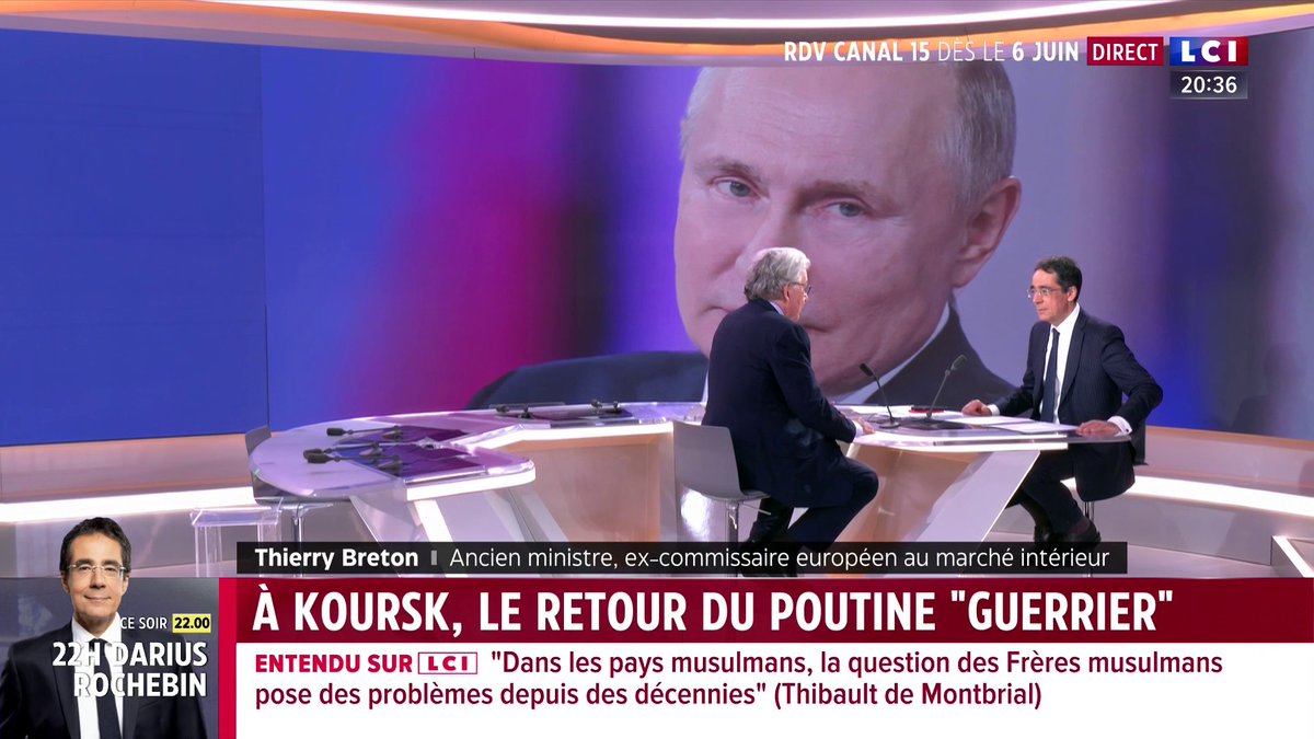 🗣️ Vladimir Poutine visite la région russe de Koursk, reprise aux Ukrainiens il y a un mois : "On voit que Poutine est définitivement ailleurs, Poutine est au combat, Poutine ne va rien lâcher, Poutine veut aller de l'avant" réagit Thierry Breton ▶️ Darius Rochebin