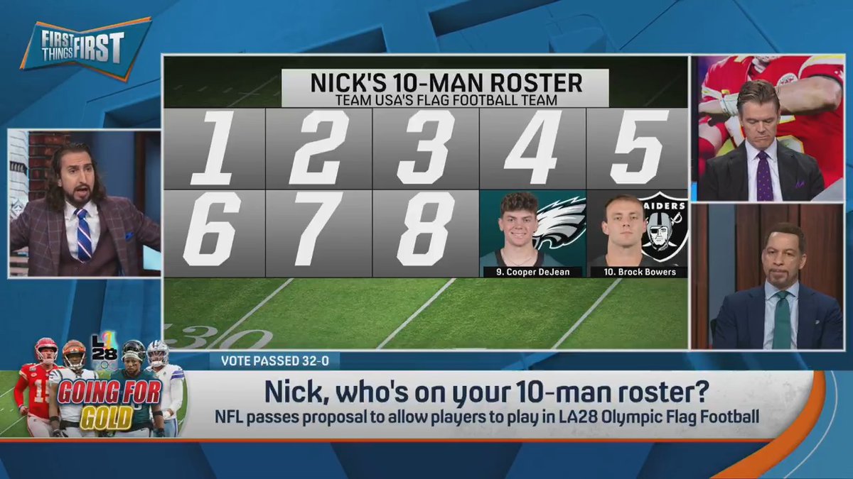 The NFL has passed the proposal to allow players to play in LA28 Olympic Flag Football… So nick wright chose his ideal 10-man roster for Team USA 🇺🇸🏈