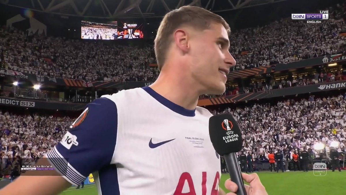 🗣️ "I haven't watched it back yet, but I can tell you the ground over there is not really soft!" After his heroic goal-line clearance and UEFA Europa League triumph, Micky van de Ven speaks to Andy Kerr! #UELfinal #Spurs