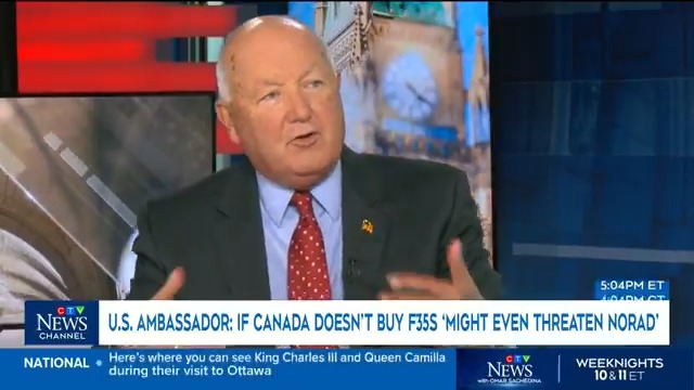 U.S. Ambassador to Canada Pete Hoekstra on Canada reviewing its purchase of F-35 fighter jets: "If Canadians are flying one airplane, we're flying another airplane, it's no longer interchangeable. And so, you know, that might even threaten NORAD." #cdnpoli #uspoli #ctvpp More: