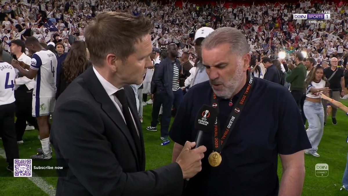 🗣️ "That's not up to me, all I've tried to do is what I set out to do and that's bring success to the club." Andy Kerr hears the thoughts of Ange Postecoglou and asks whether he'll be leading Spurs into the UEFA Champions League next season... #UELfinal #Spurs