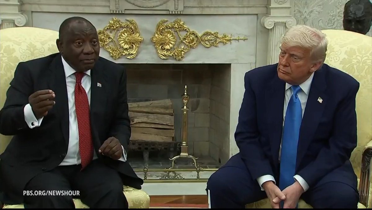 Debunked claims about white farmers in South Africa came up during an Oval Office meeting Wednesday. President Donald Trump met with South Africa's president and unexpectedly played videos that Trump said proved his allegations that South Africa is committing genocide against white farmers there. The South African delegation pushed back, denying the debunked claims. Nick Schifrin reports.